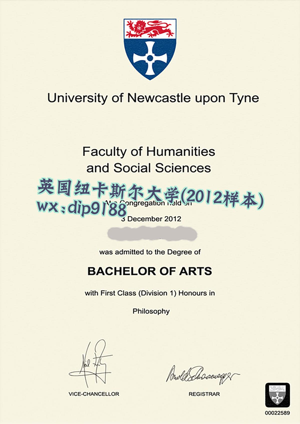 英国纽卡斯尔大学学历2012毕业证样本图