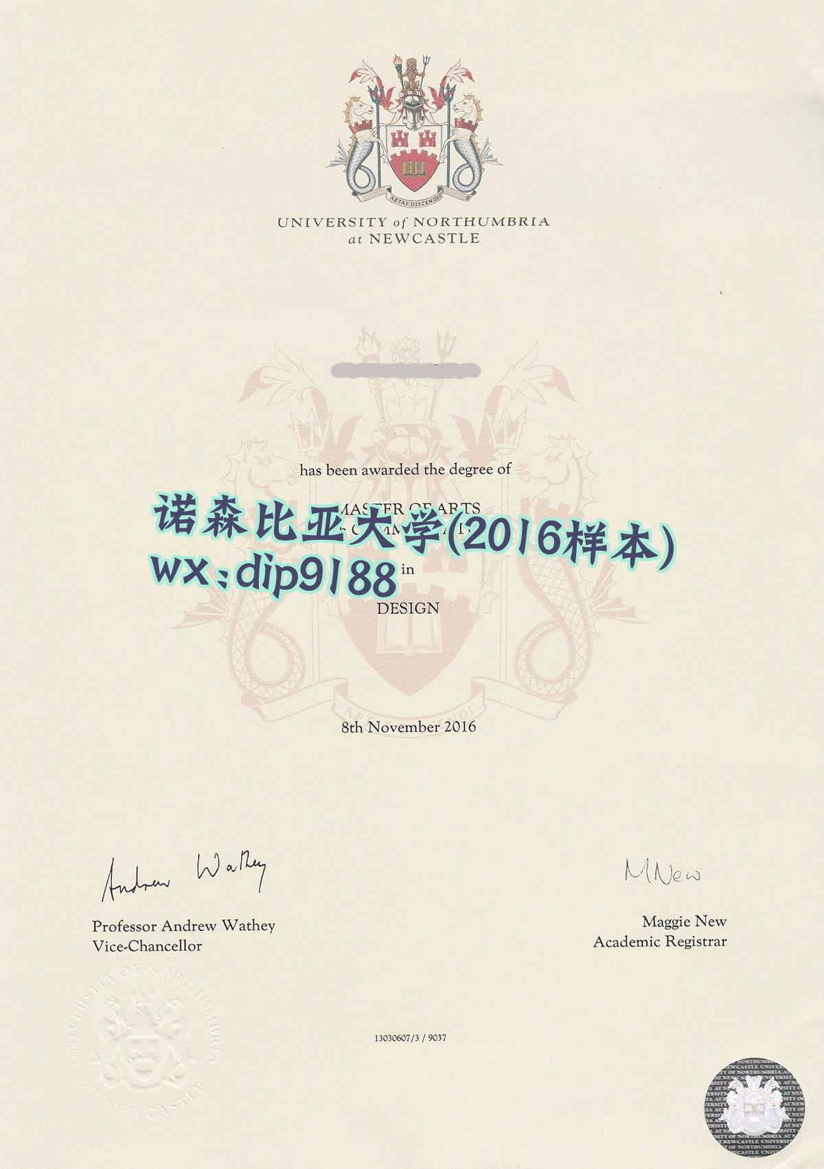 诺森比亚大学学历2016毕业证样本图