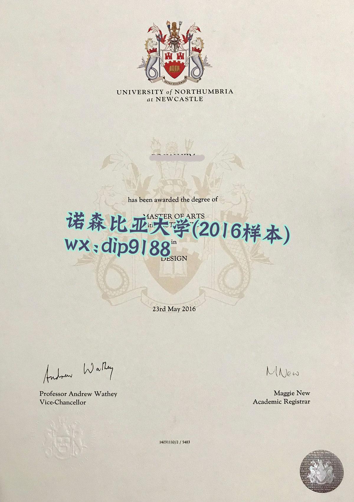 诺森比亚大学学历2016毕业证样本图