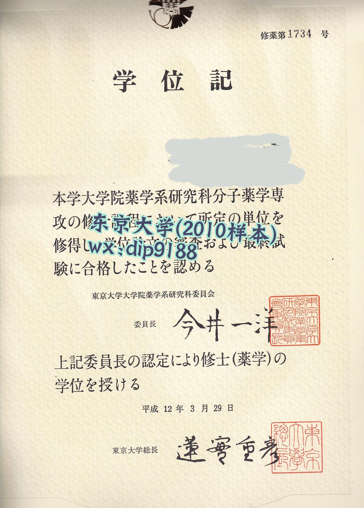 东京大学学历2010毕业证样本图