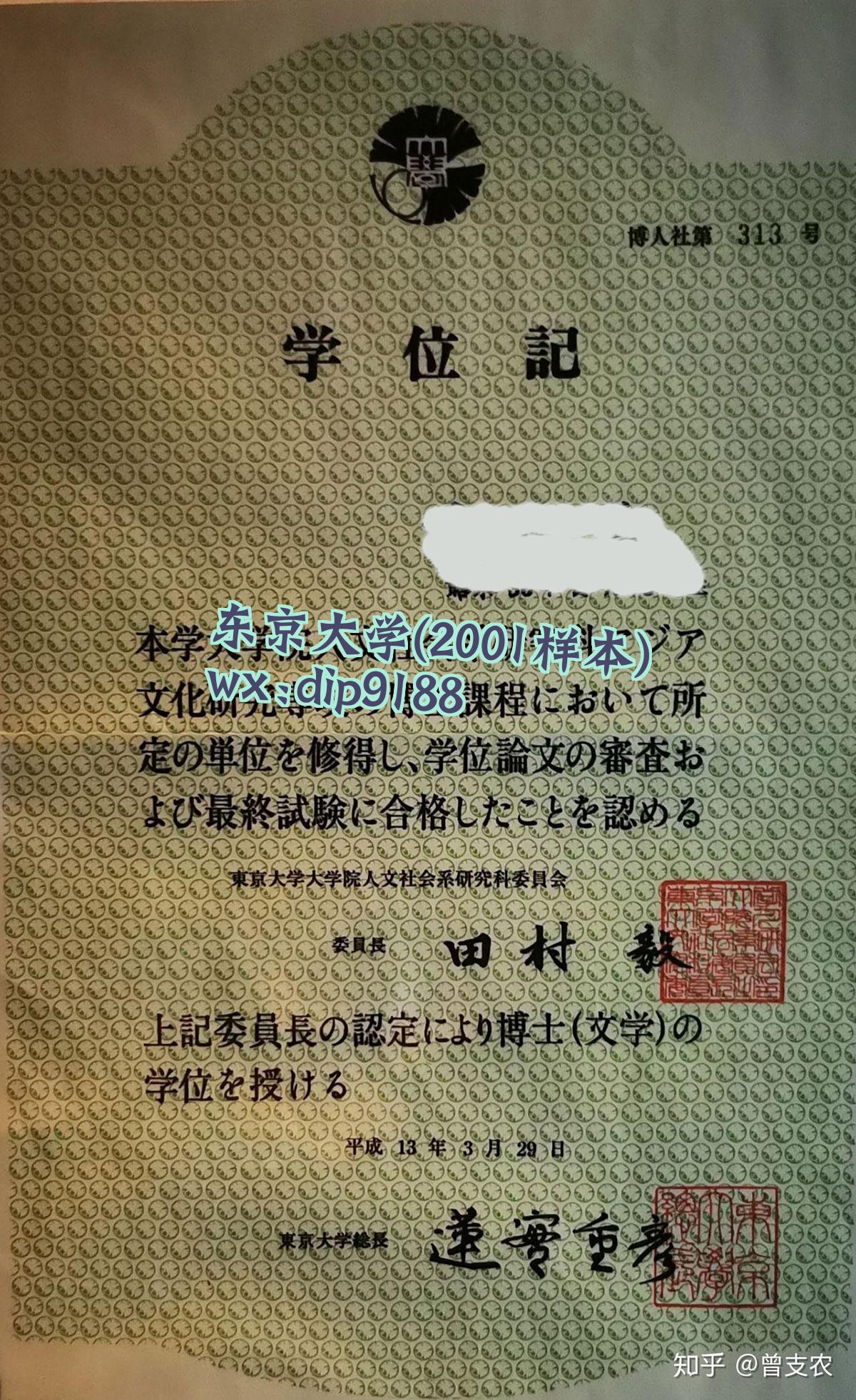 东京大学学历2001毕业证样本图