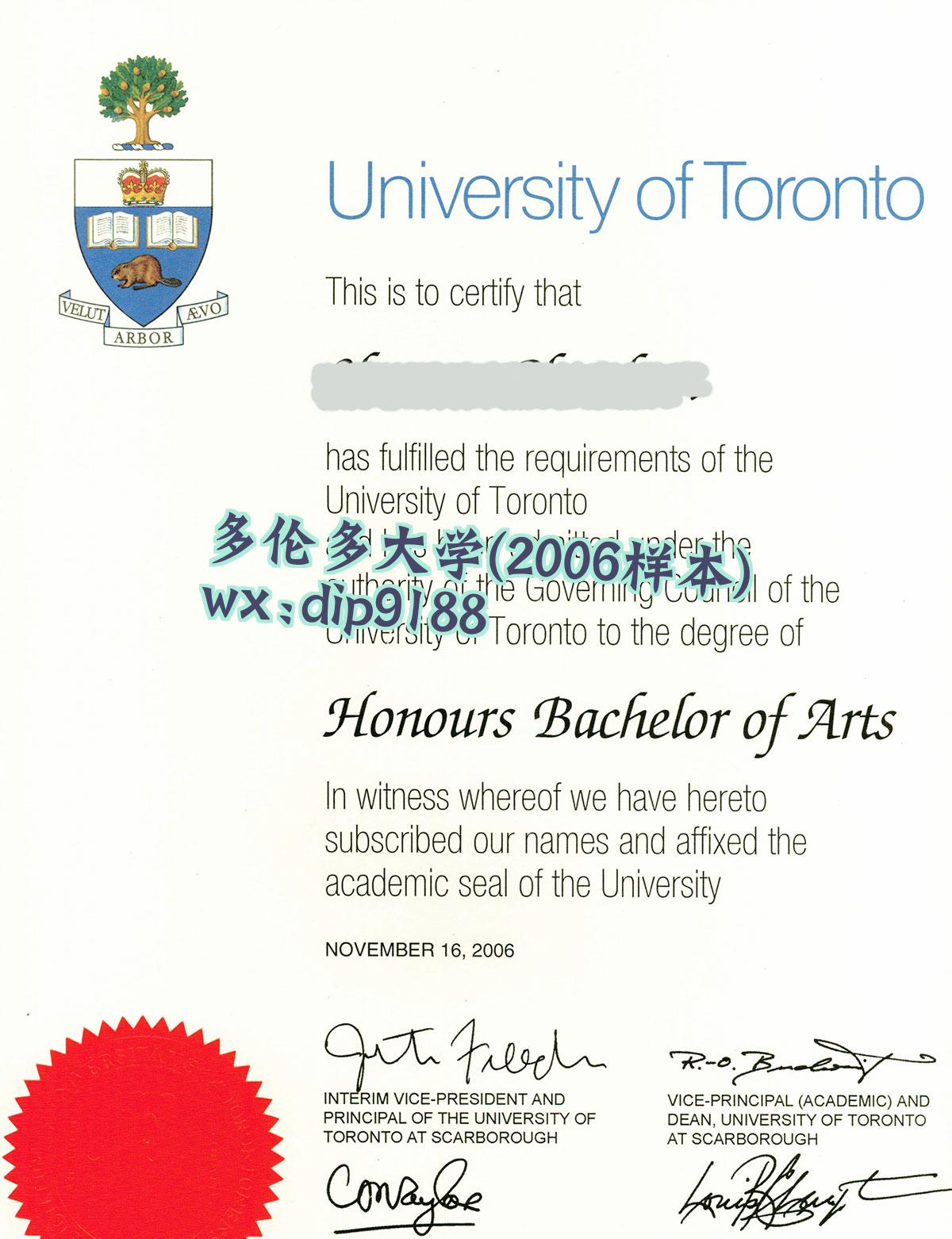 多伦多大学学历2006毕业证样本图