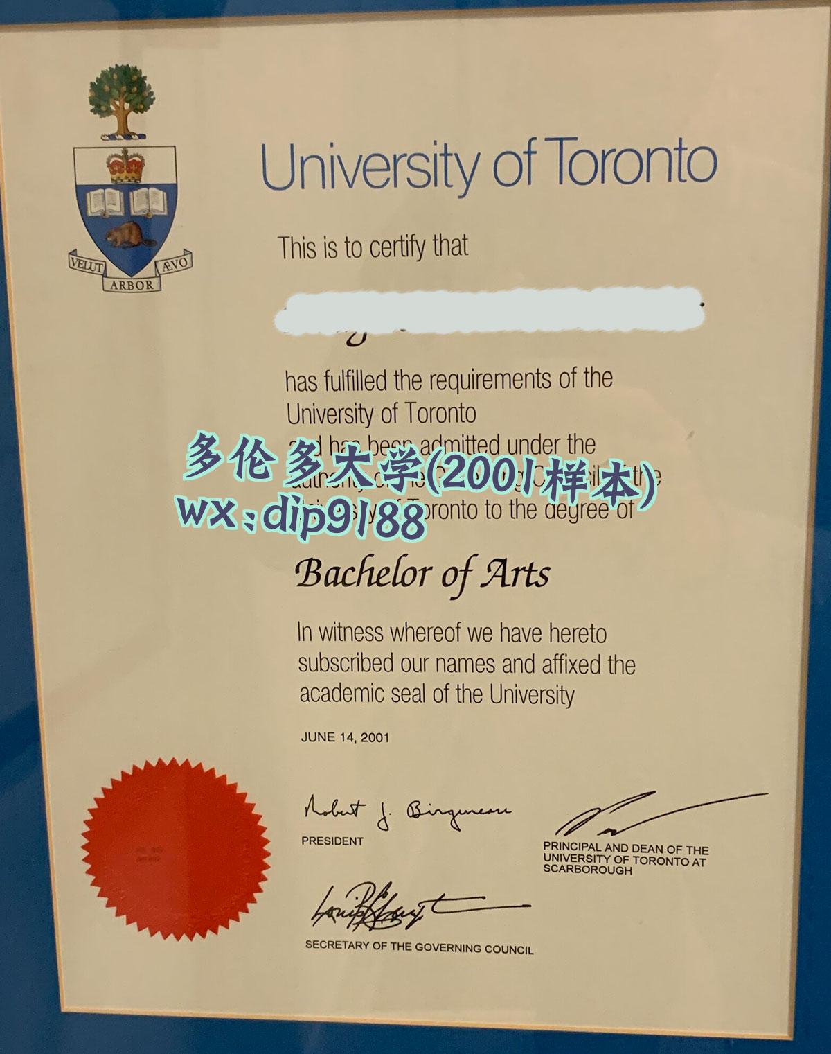 多伦多大学学历2001毕业证样本图