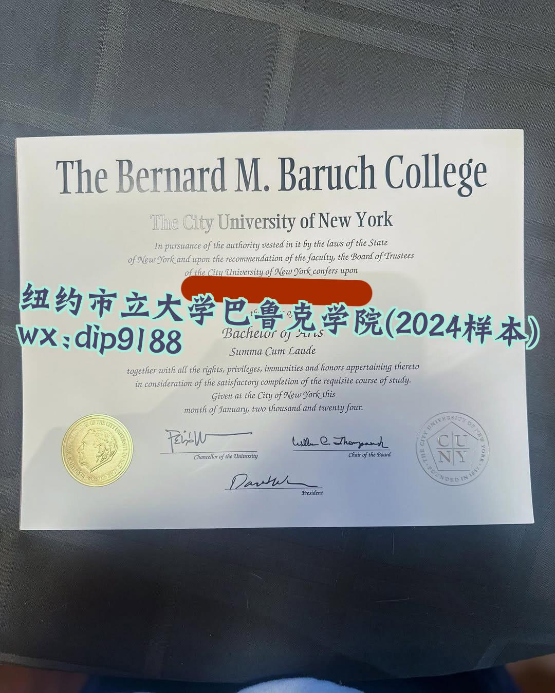 纽约市立大学巴鲁克学院学历2024毕业证样本图