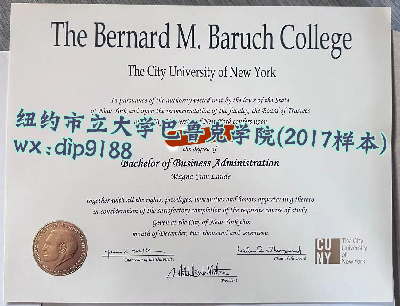 纽约市立大学巴鲁克学院学历2017毕业证样本图