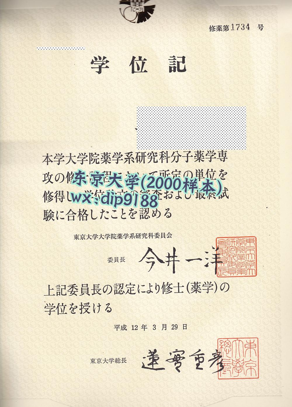 东京大学学历2000毕业证样本图