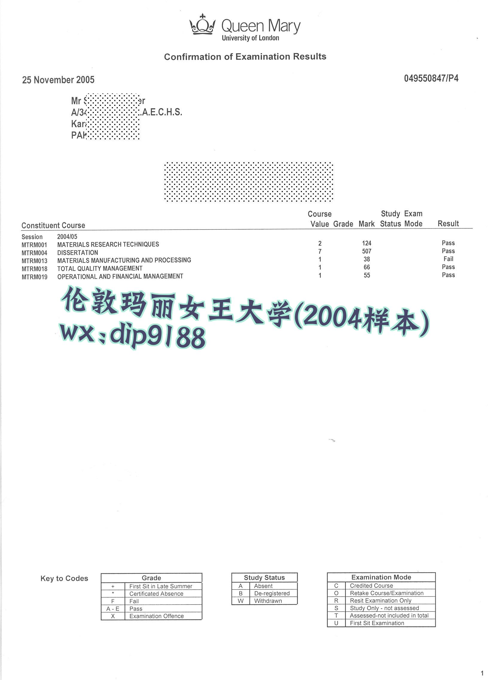 伦敦玛丽女王大学学历2004毕业证样本图