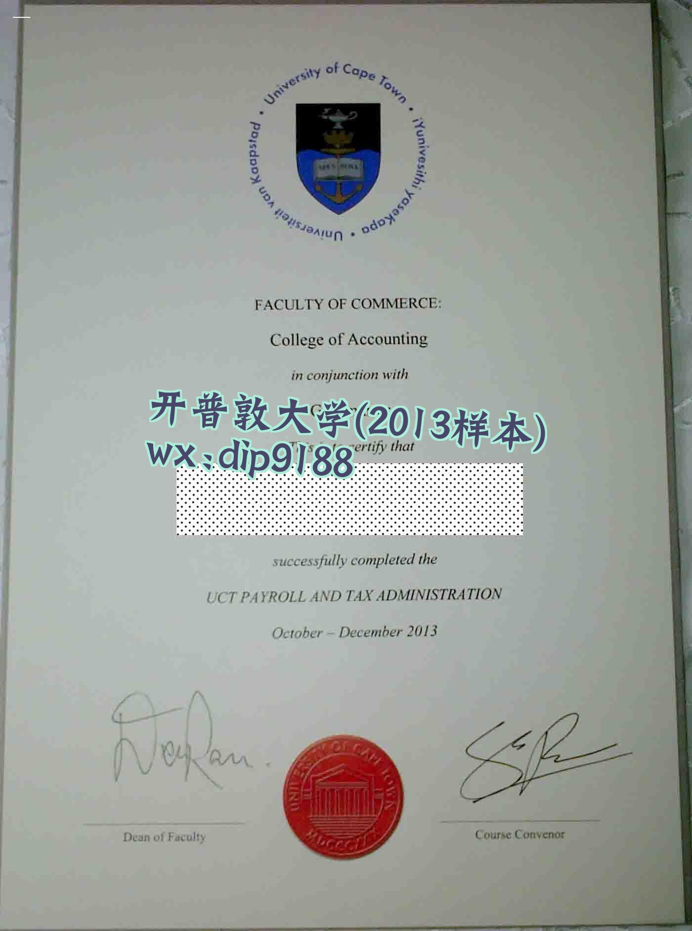开普敦大学学历2013毕业证样本图