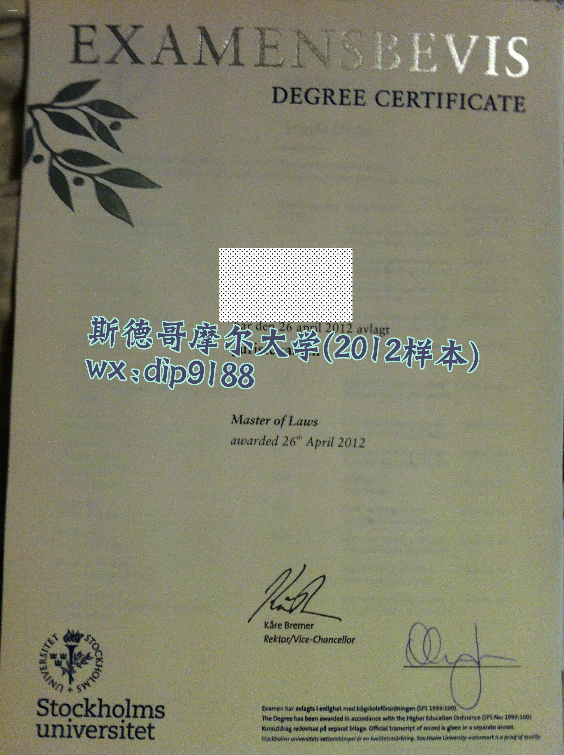 斯德哥摩尔大学学历2012毕业证样本图