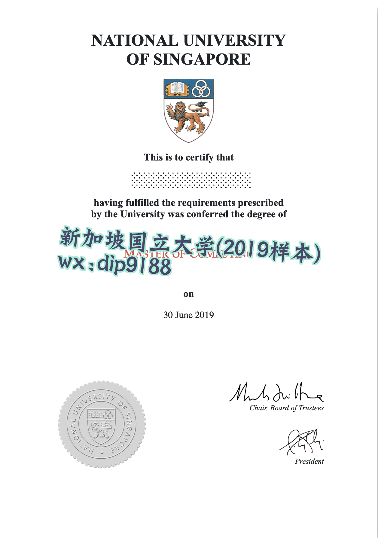 新加坡国立大学学历2019毕业证样本图