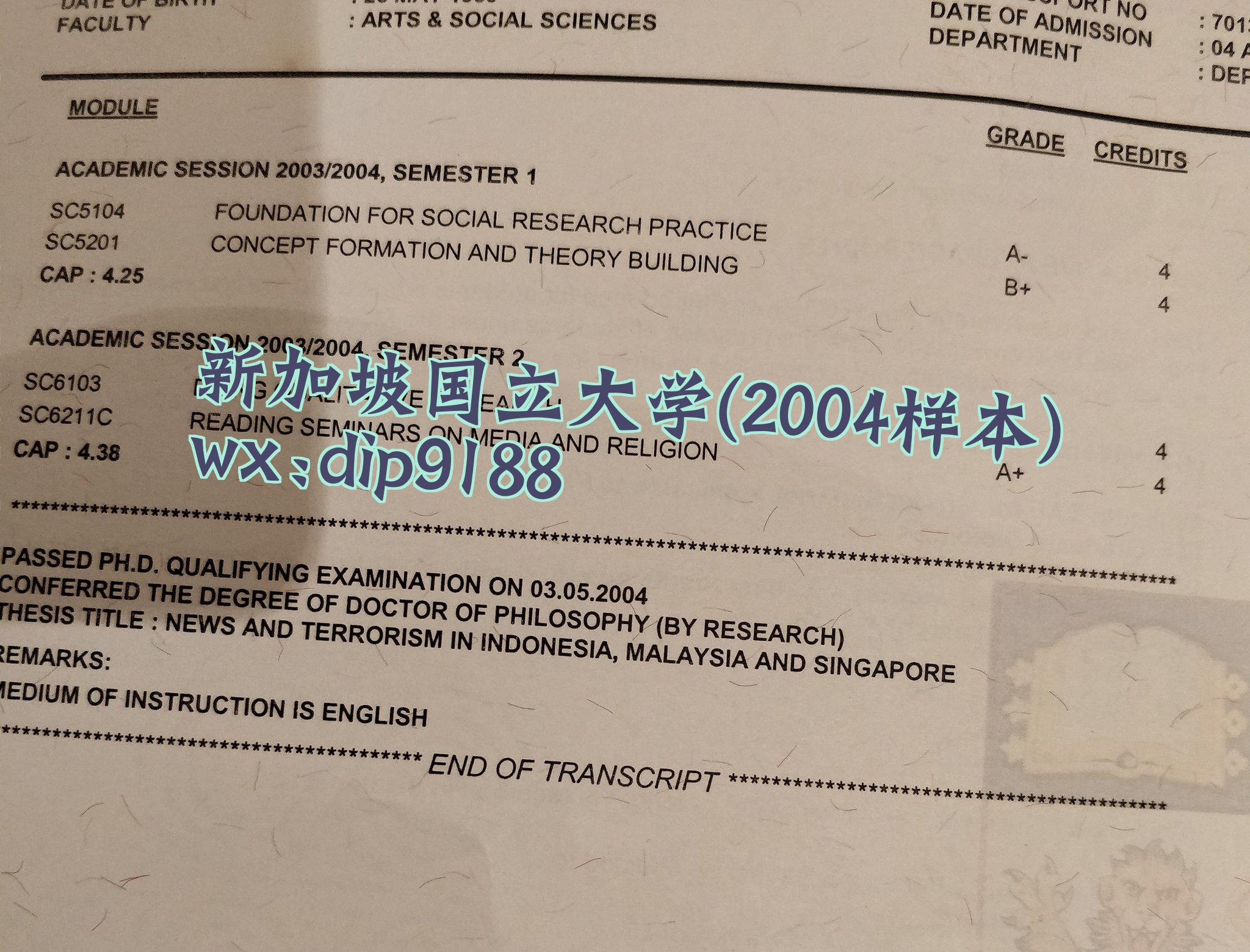 新加坡国立大学学历2004毕业证样本图