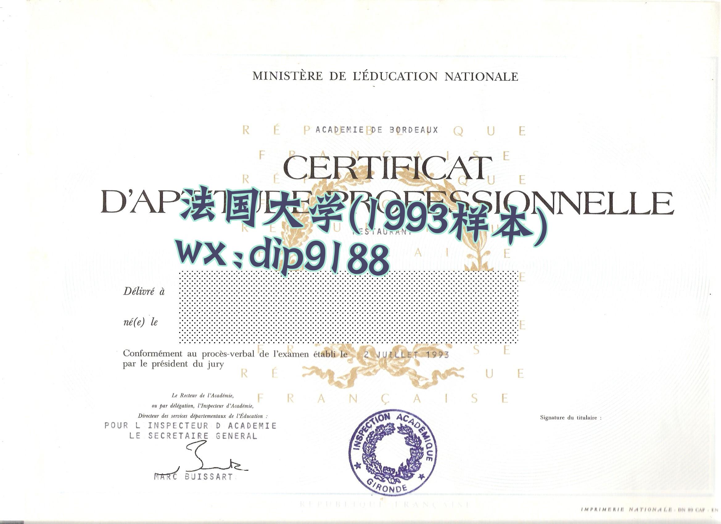 法国大学学历1993毕业证样本图
