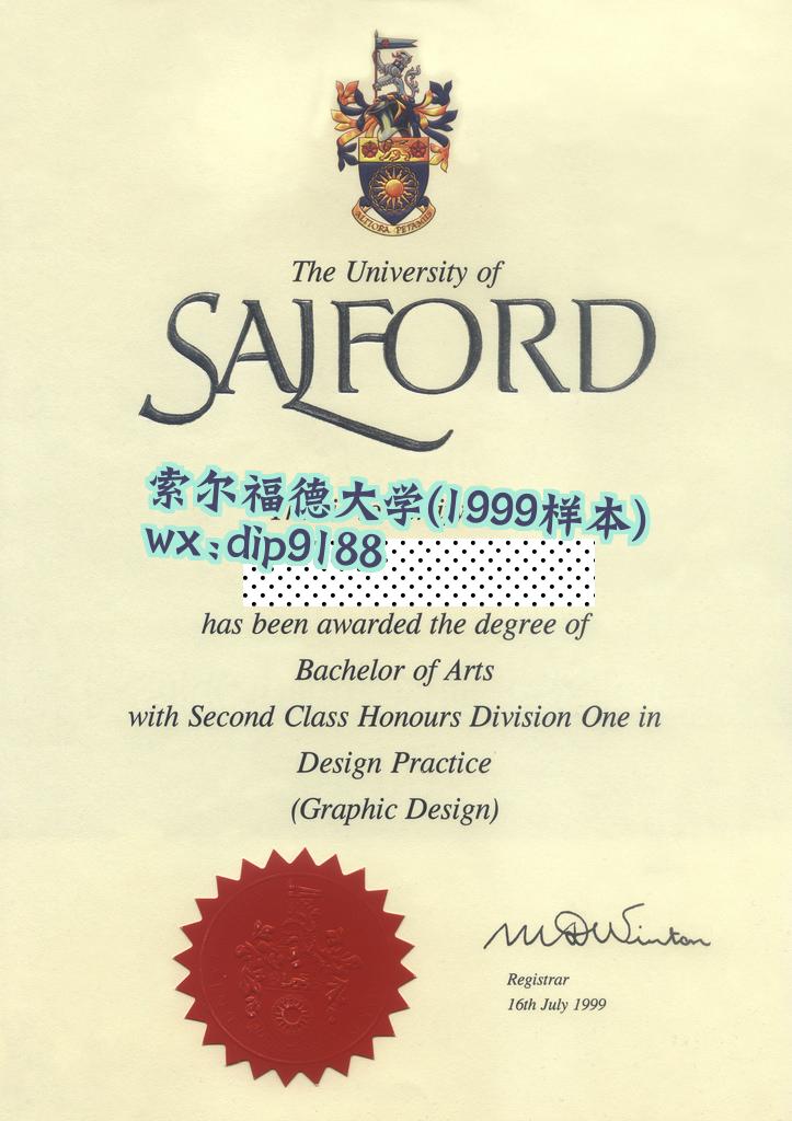 索尔福德大学学历1999毕业证样本图