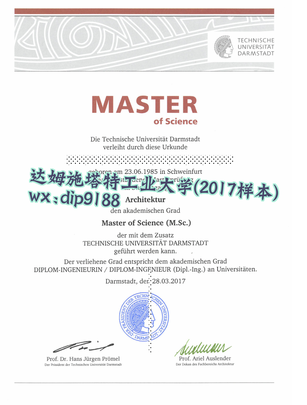 达姆施塔特工业大学学历2017毕业证样本图片