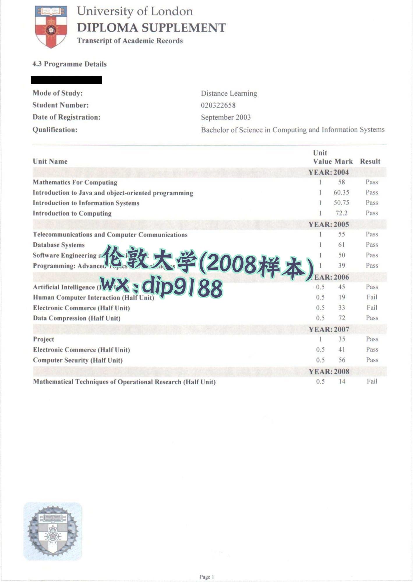 伦敦大学学历2008毕业证样本图