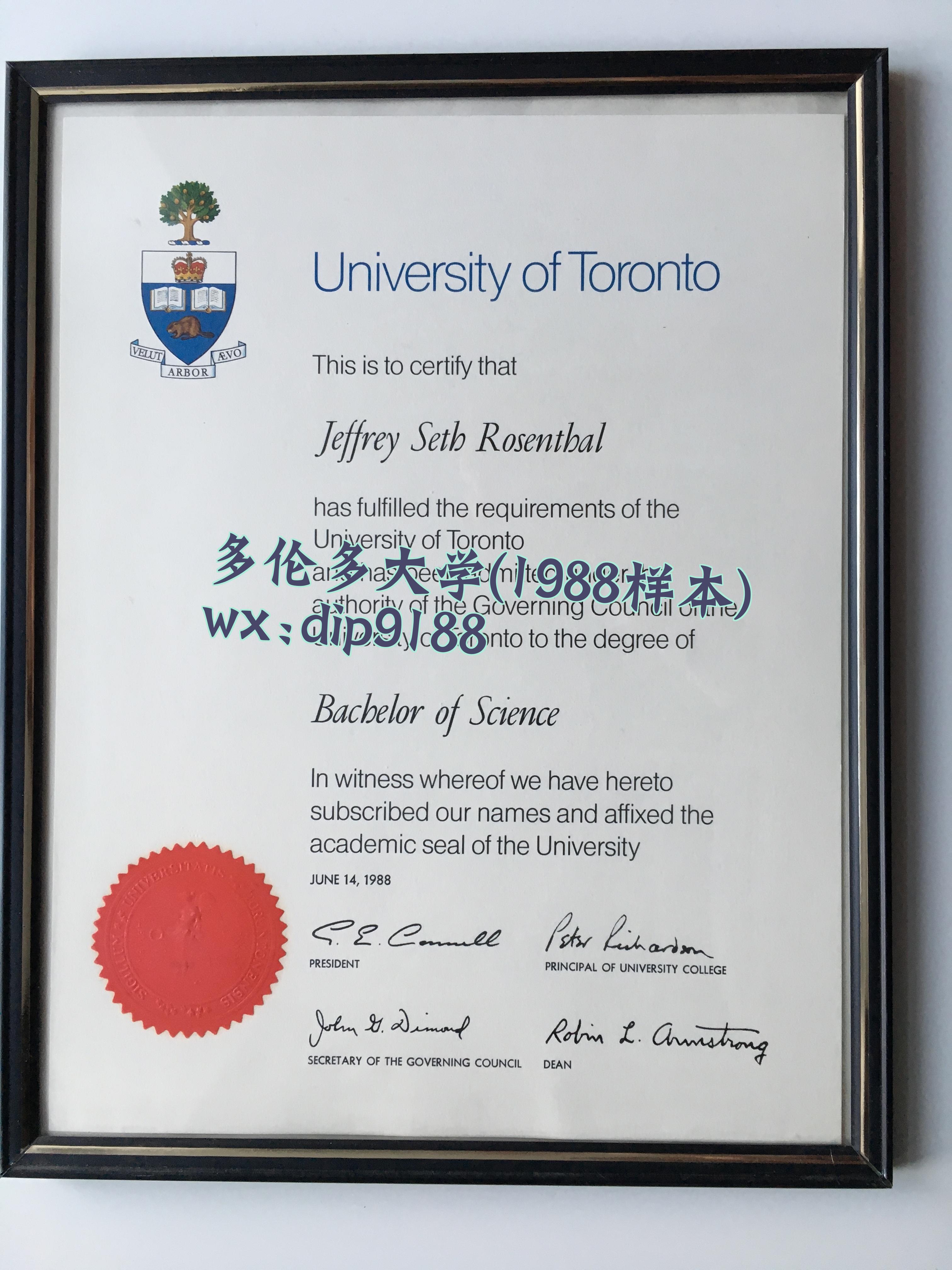 多伦多大学学历1988毕业证样本图