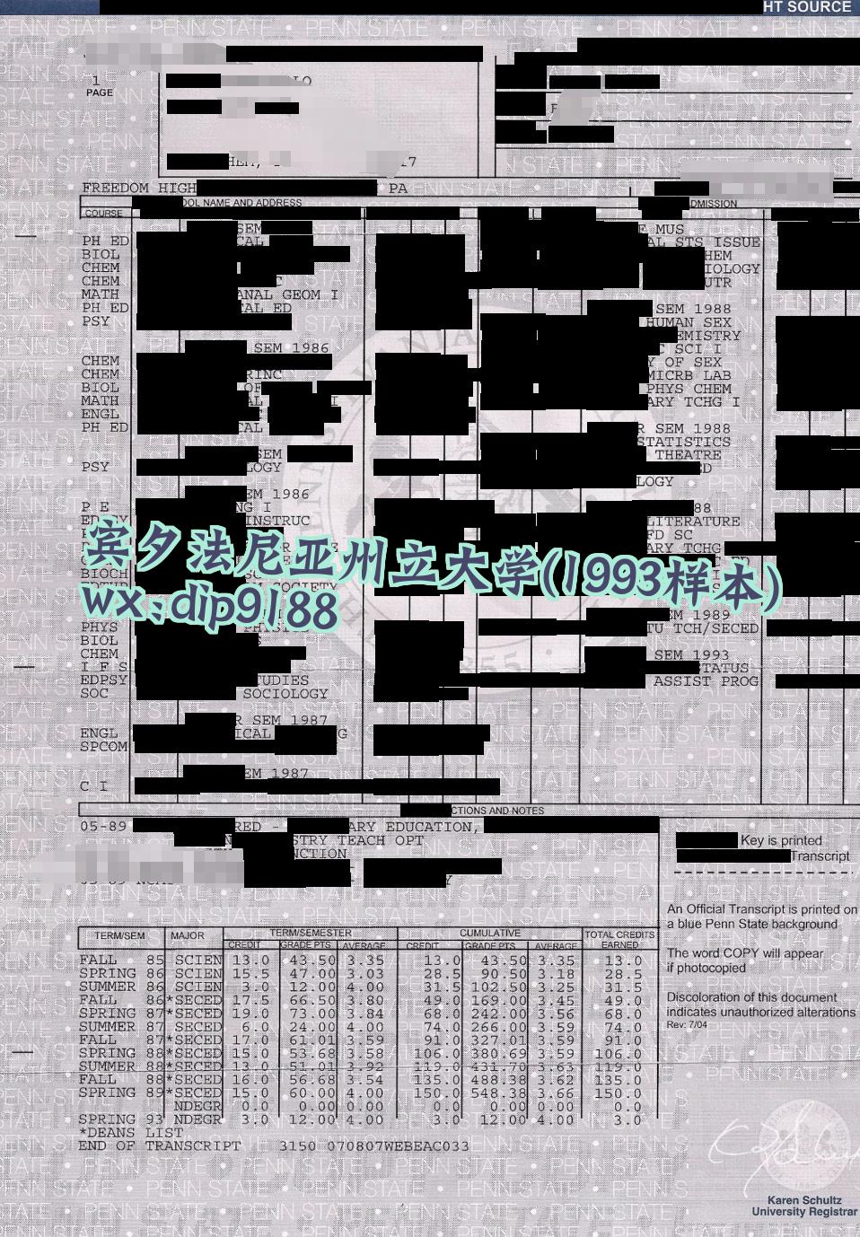 宾夕法尼亚州立大学学历1993毕业证样本图