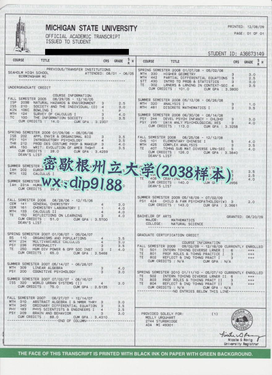 密歇根州立大学学历2038毕业证样本图