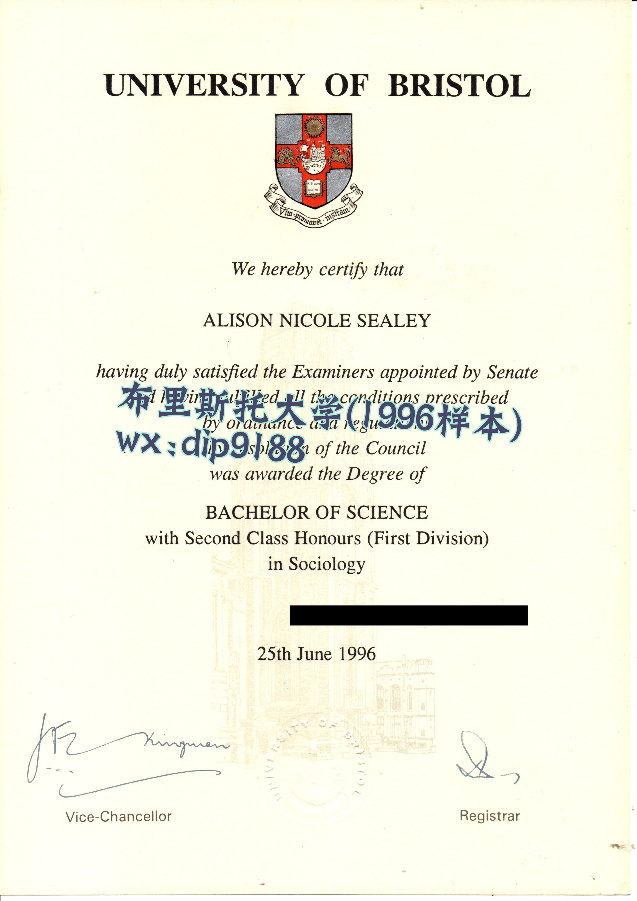 布里斯托大学学历1996毕业证样本图