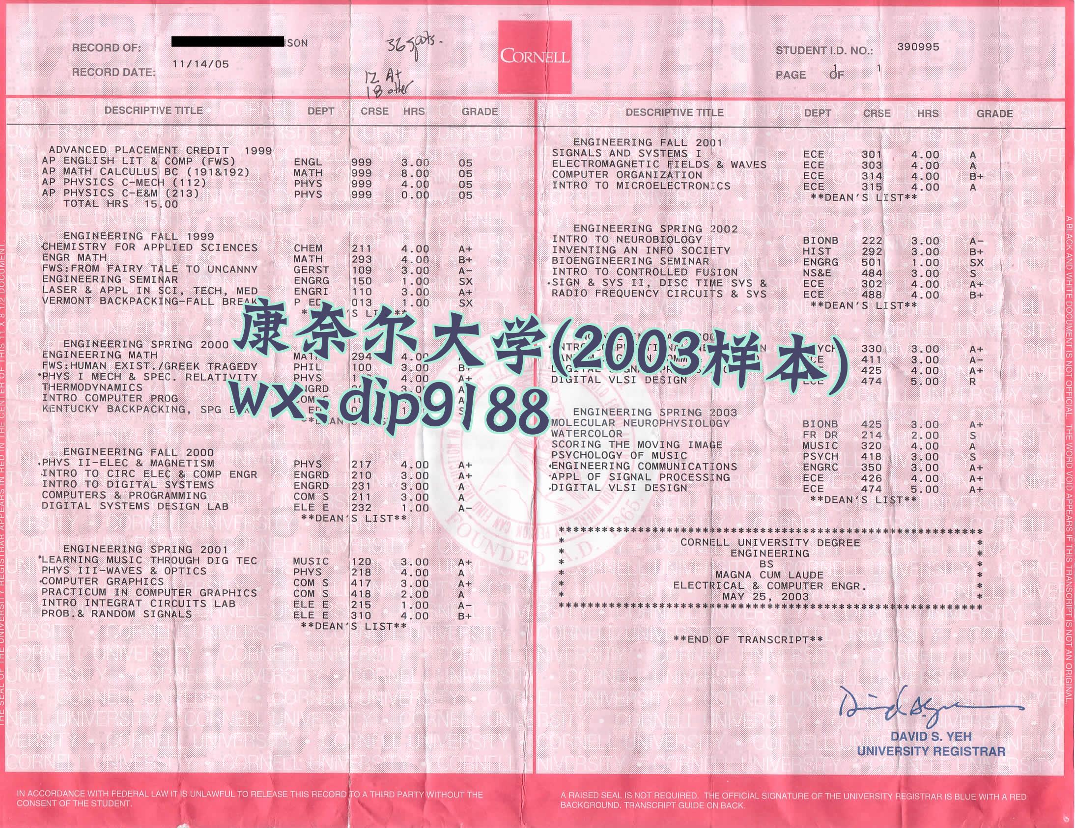 康奈尔大学学历2003毕业证样本图
