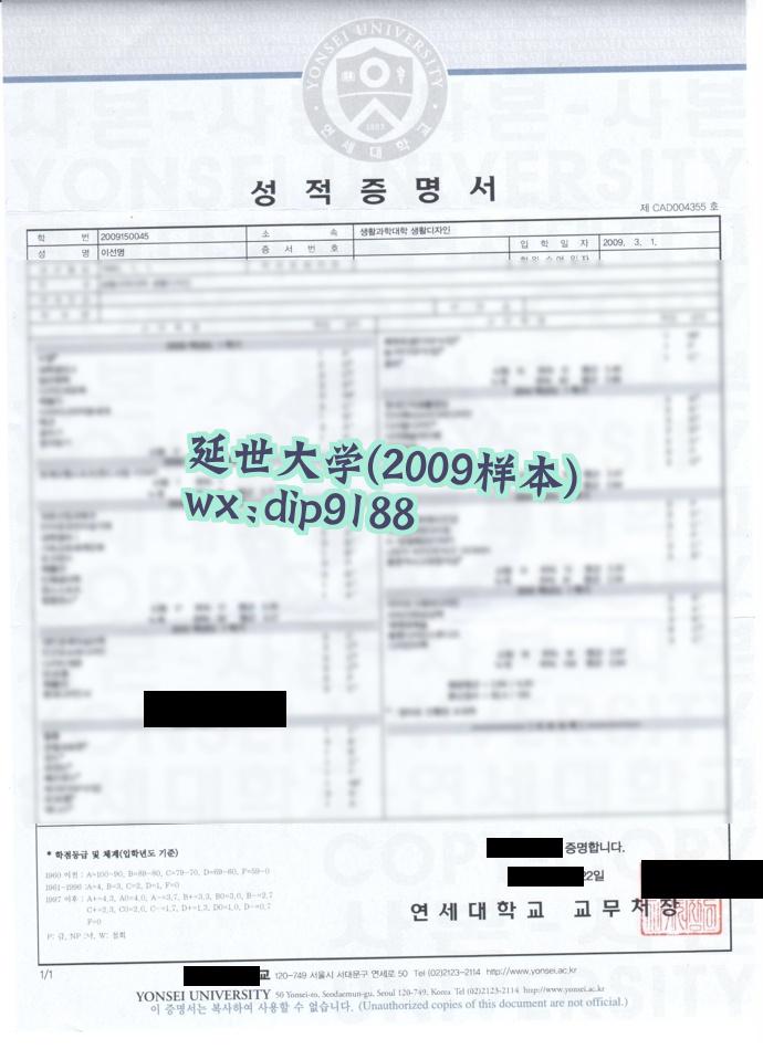延世大学学历2009毕业证样本图