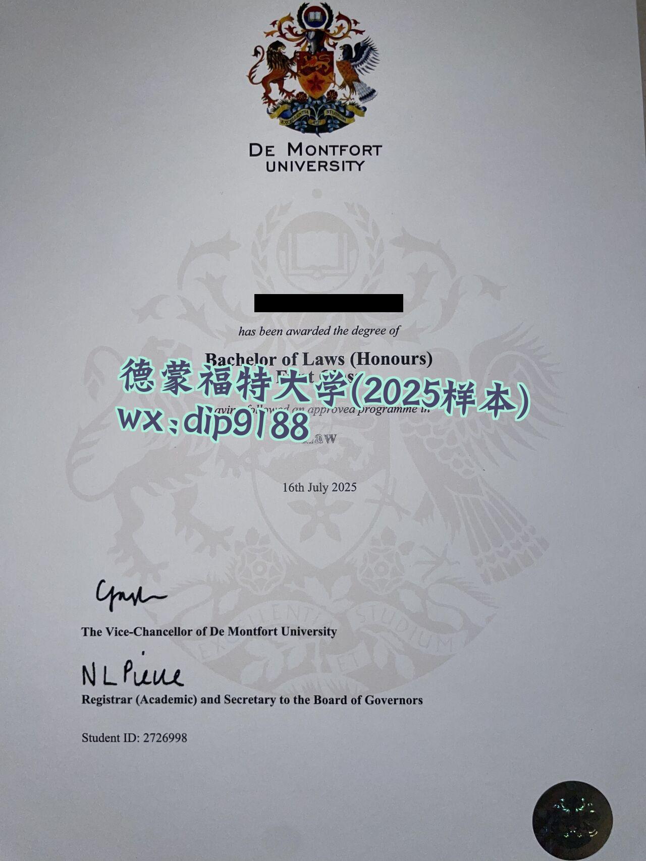 德蒙福特大学学历2025毕业证样本图
