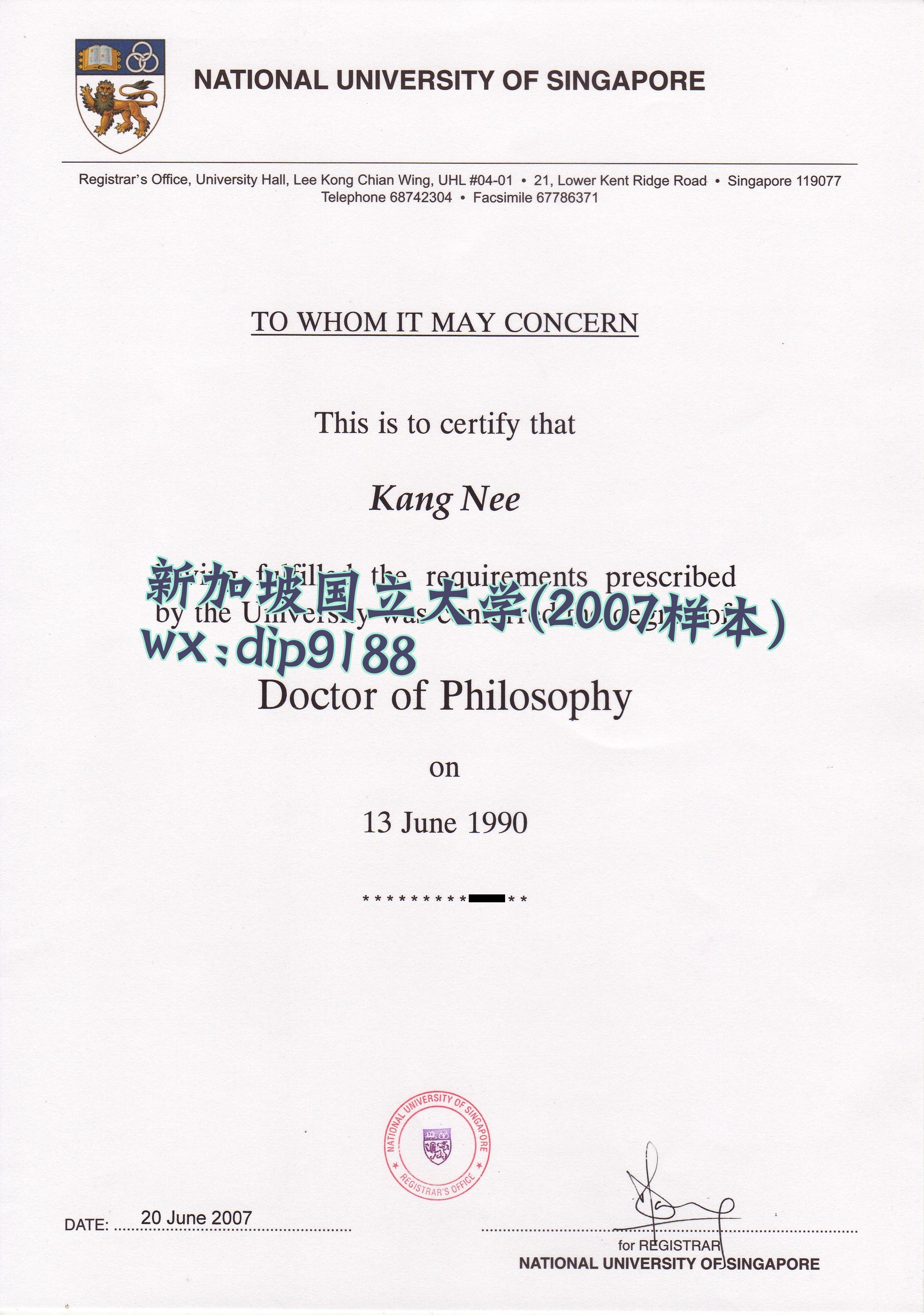 新加坡国立大学学历2007毕业证样本图