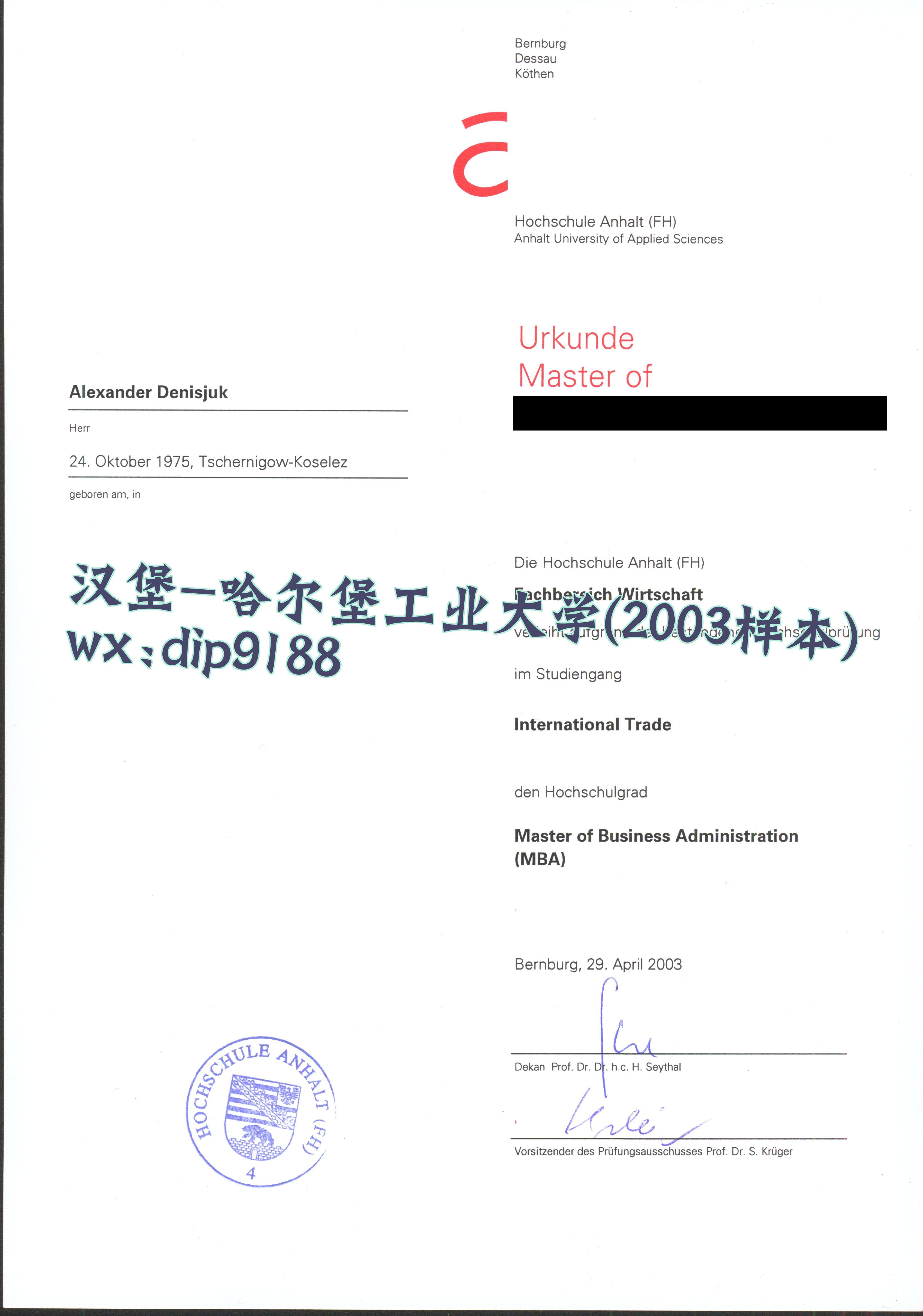汉堡-哈尔堡工业大学学历2003毕业证样本图