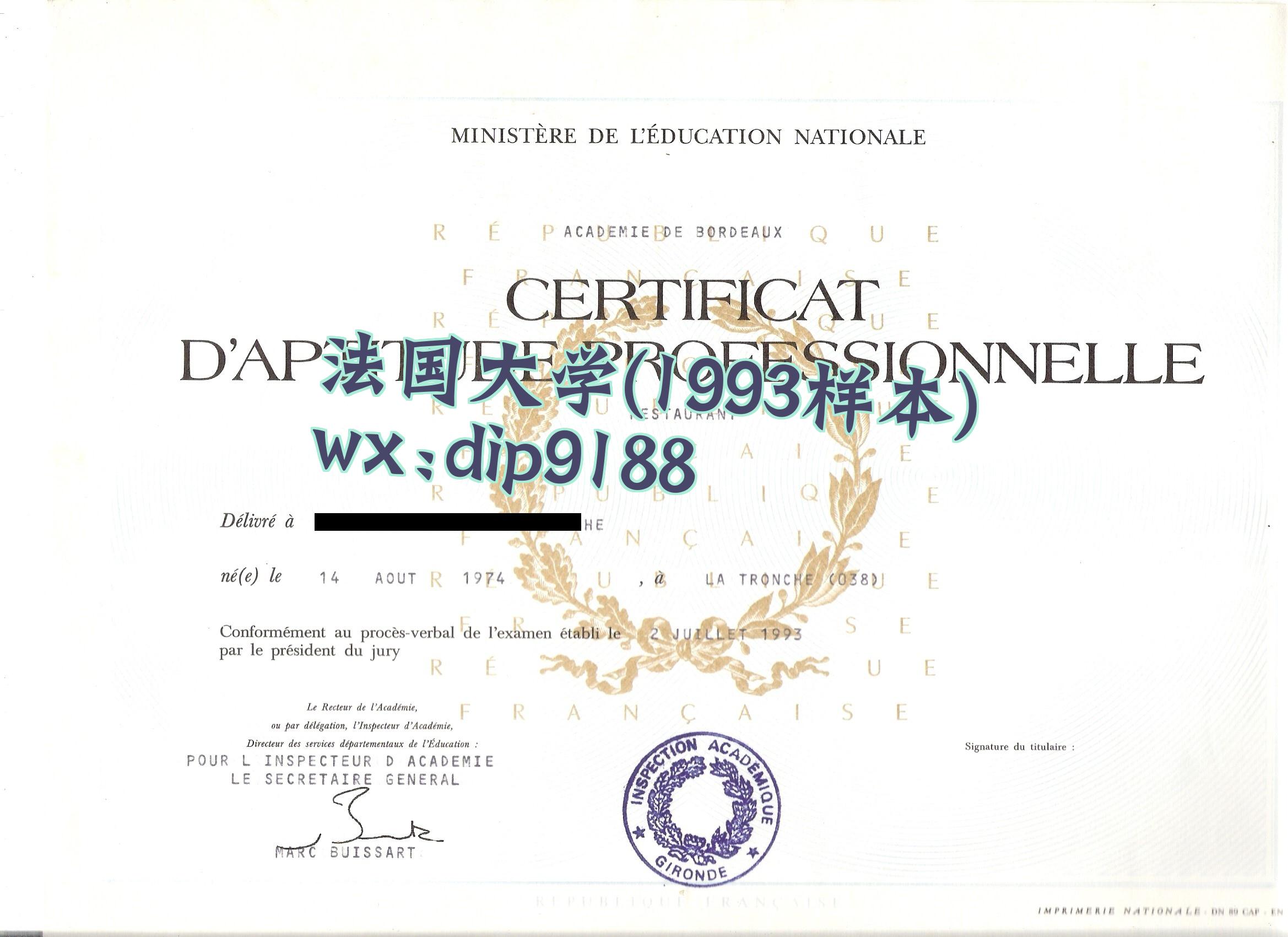 法国大学学历1993毕业证样本图