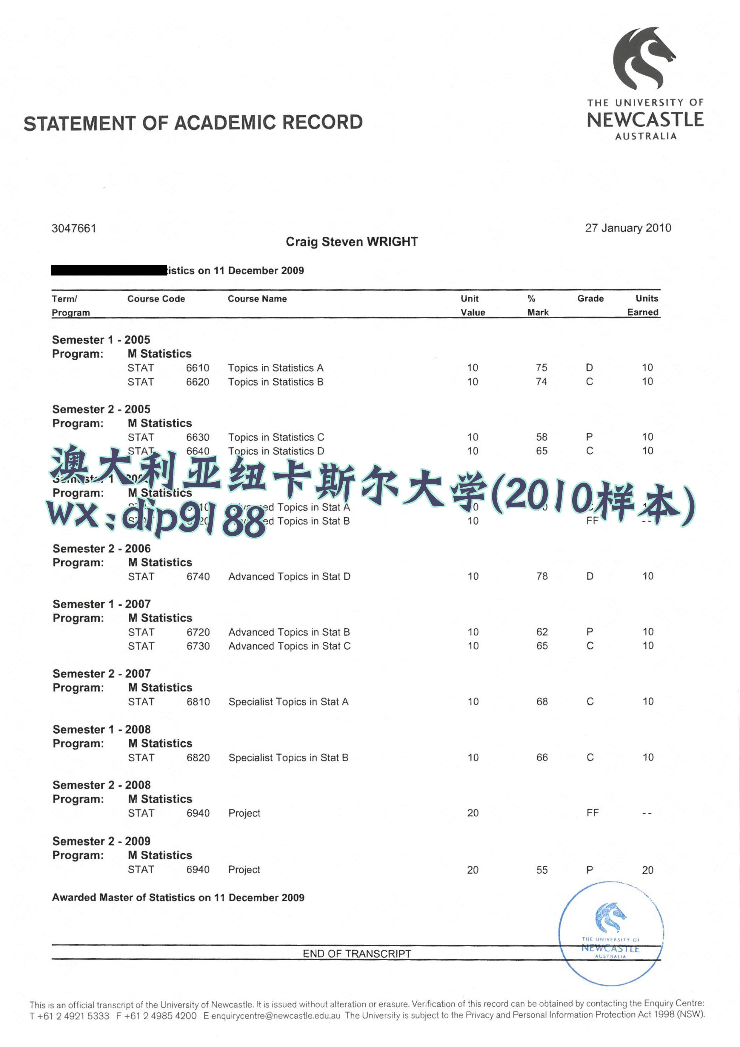 澳大利亚纽卡斯尔大学学历2010毕业证样本图