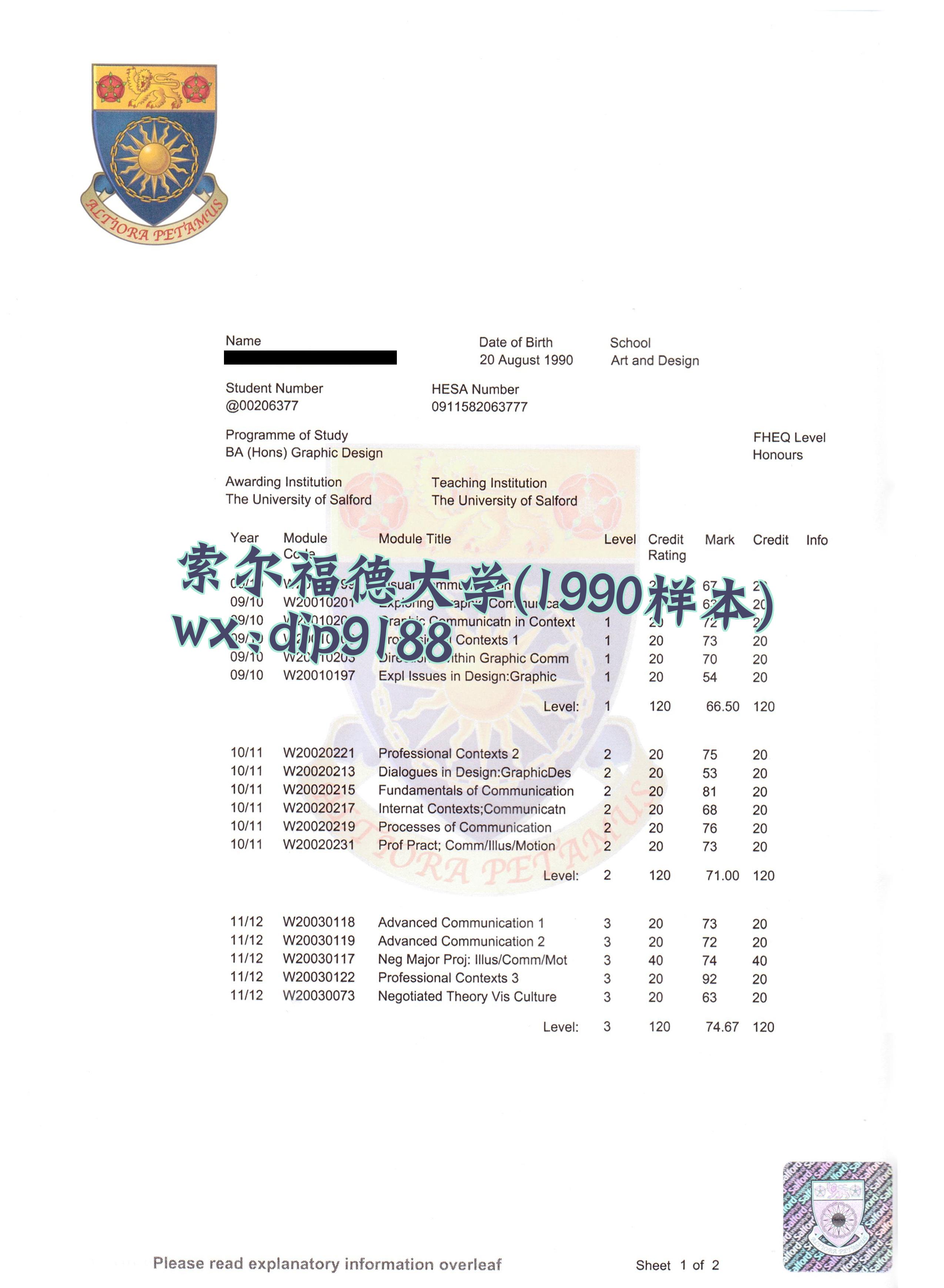 索尔福德大学学历1990毕业证样本图