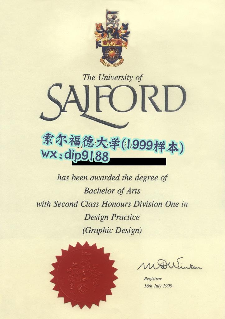 索尔福德大学学历1999毕业证样本图