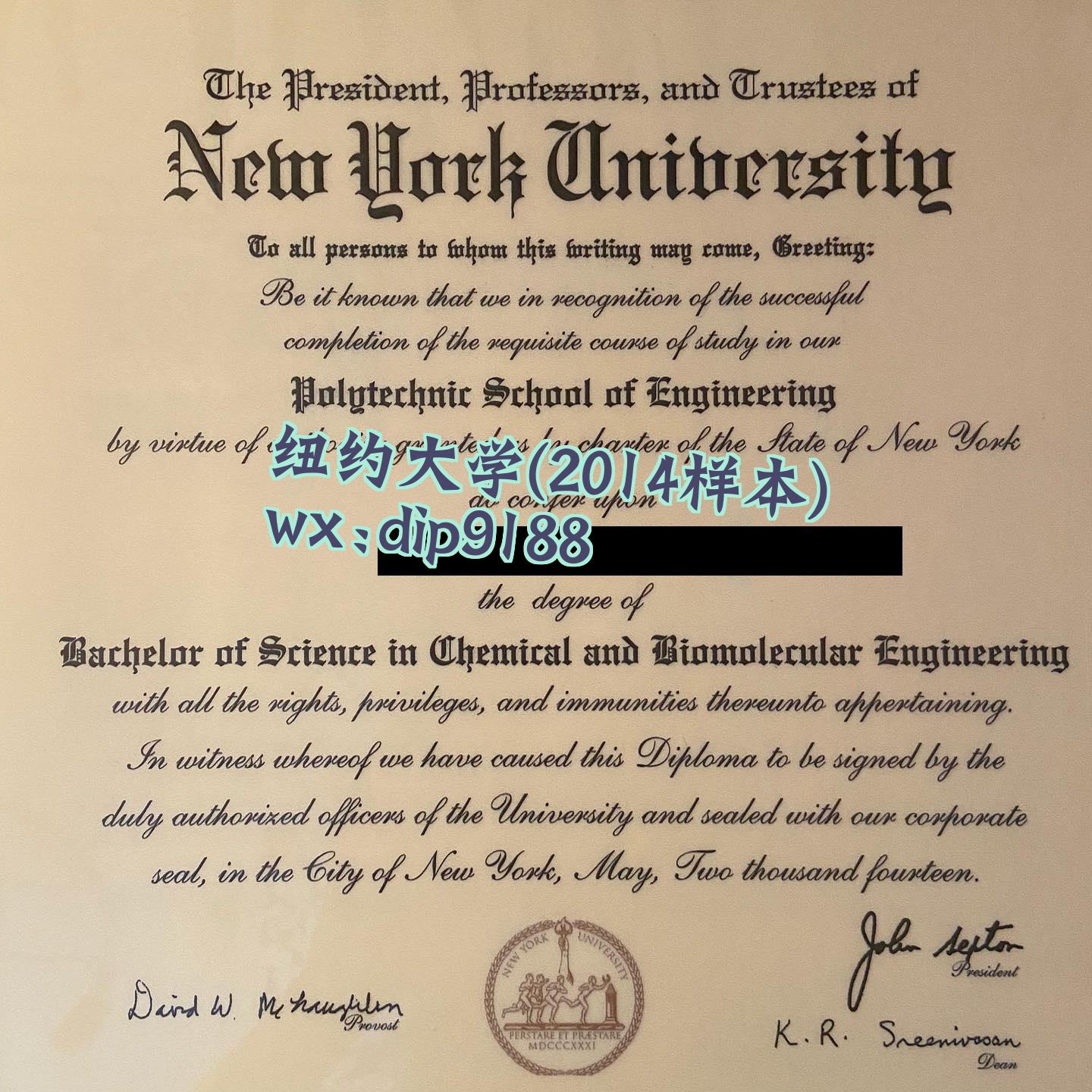 纽约大学学历2014毕业证样本图