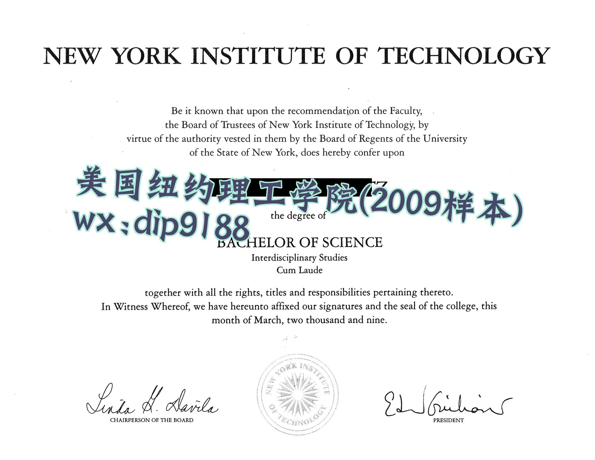 美国纽约理工学院学历2009毕业证样本图