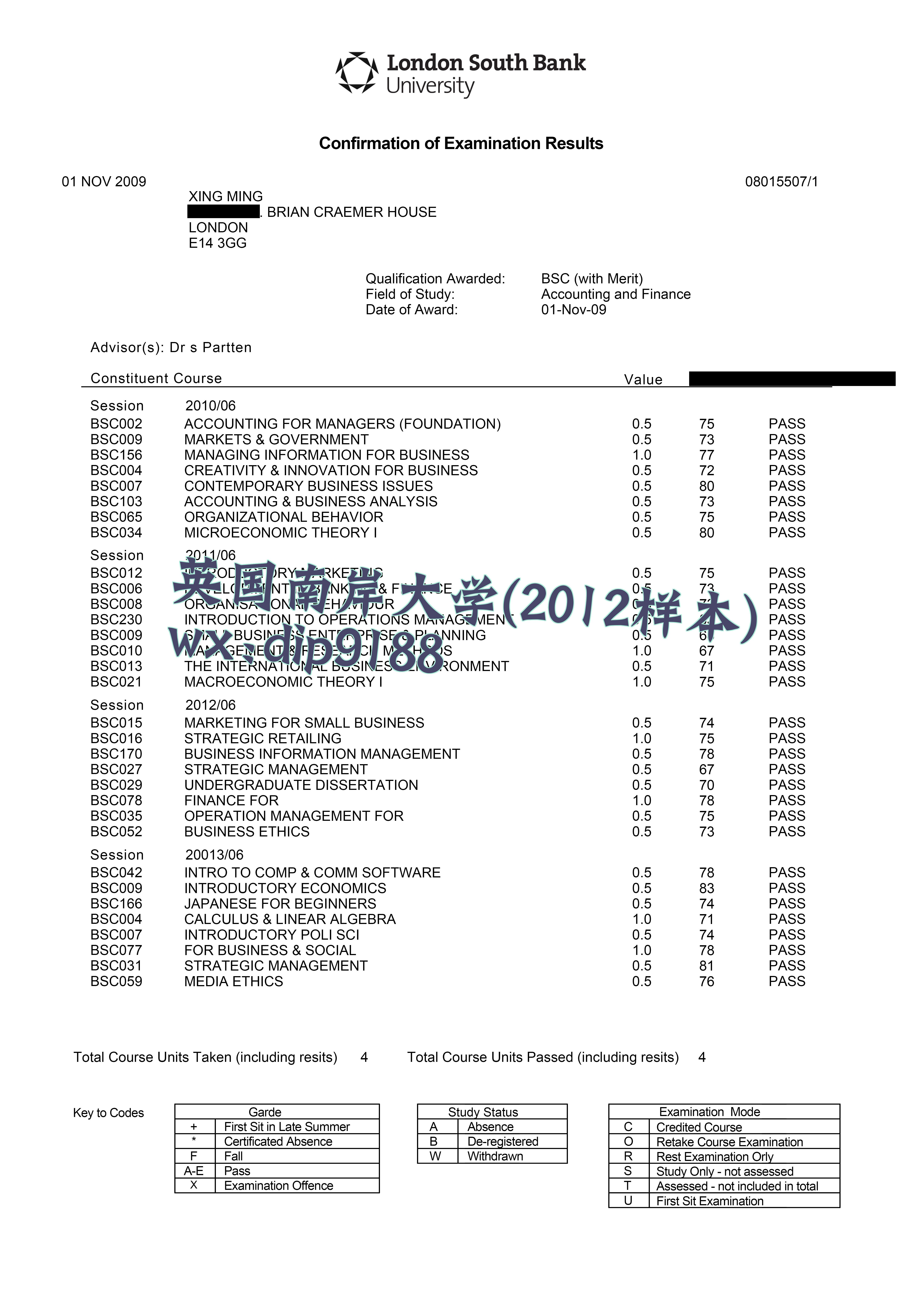 英国南岸大学学历2012毕业证样本图