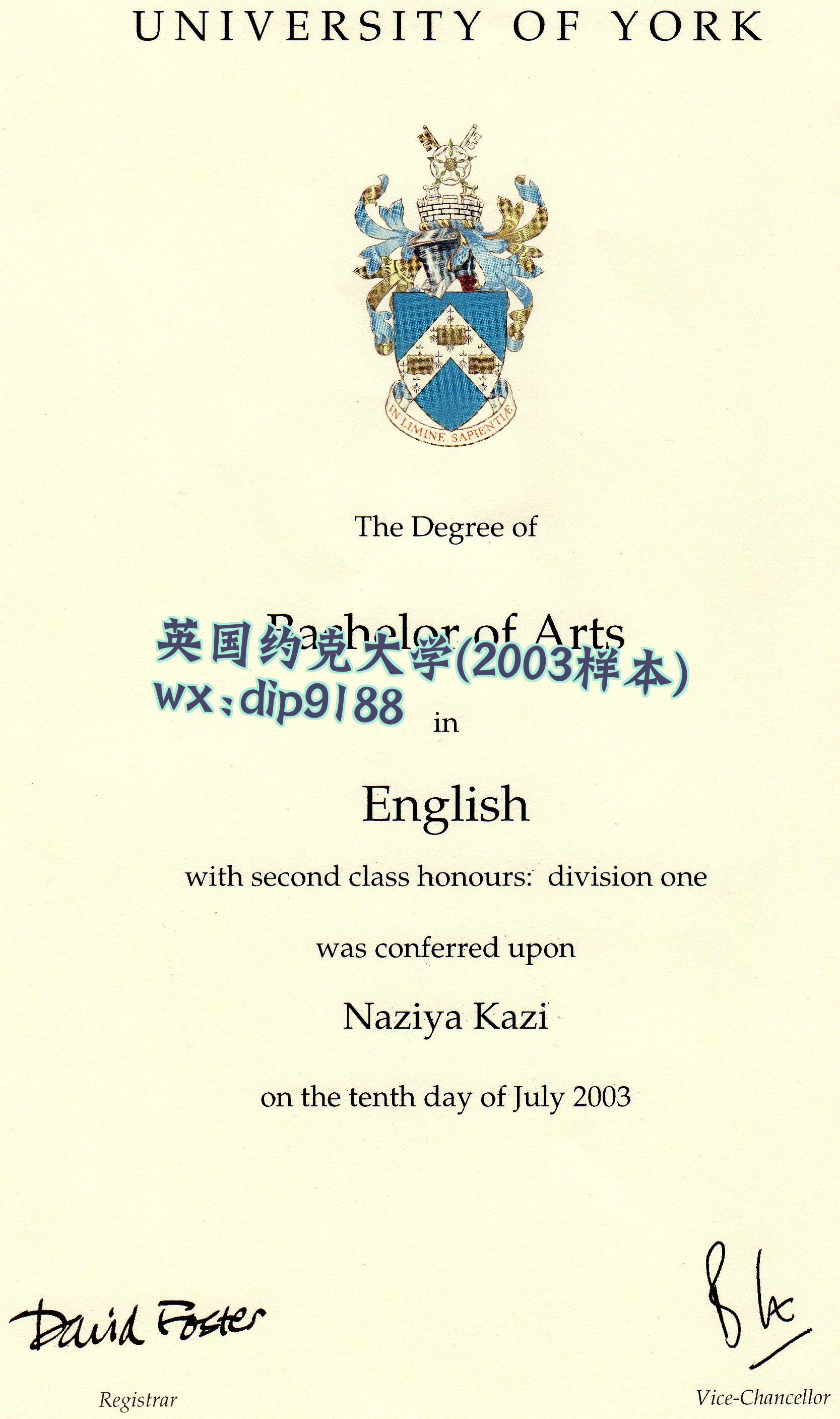 英国约克大学学历2003毕业证样本图