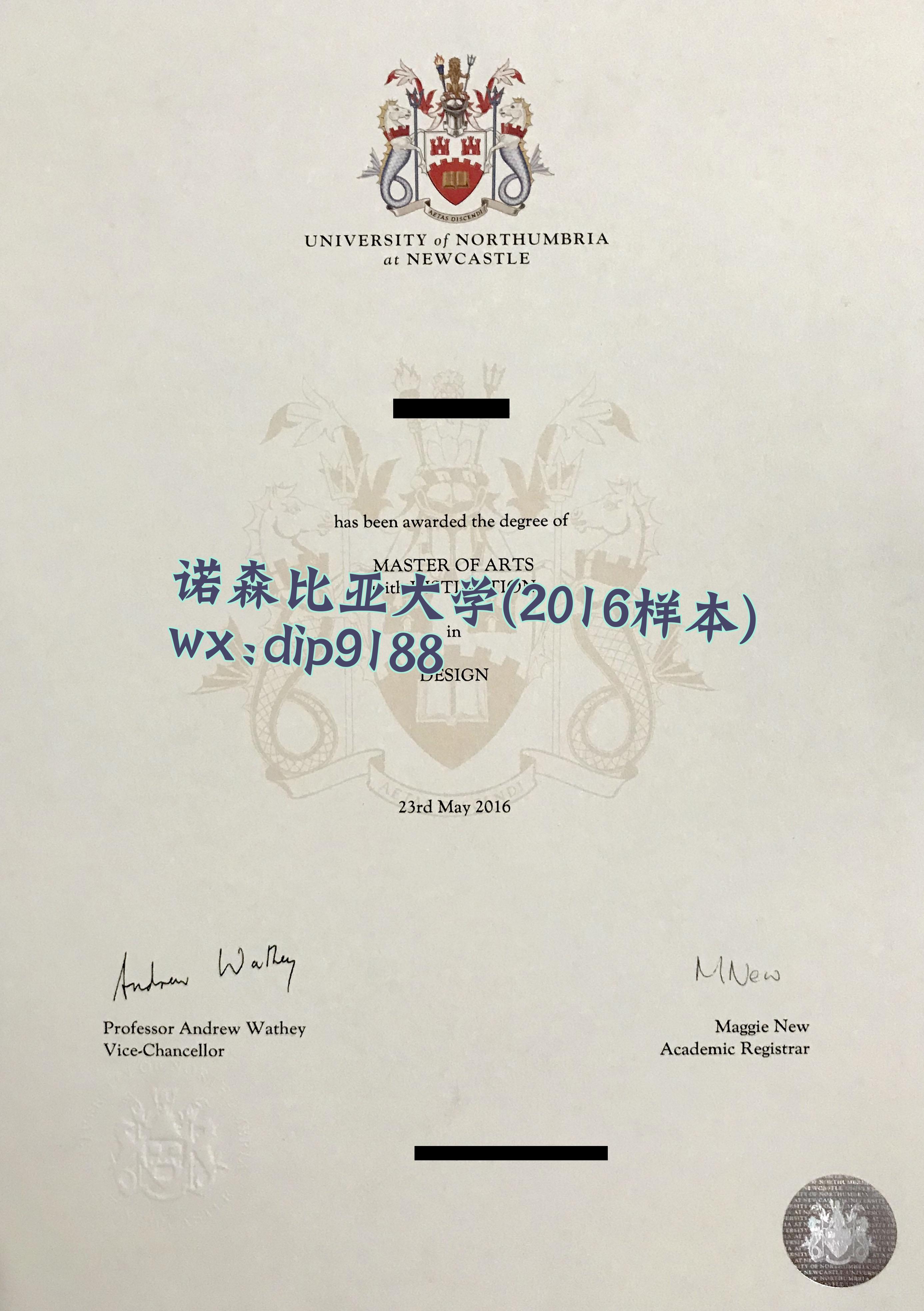 诺森比亚大学学历2016毕业证样本图
