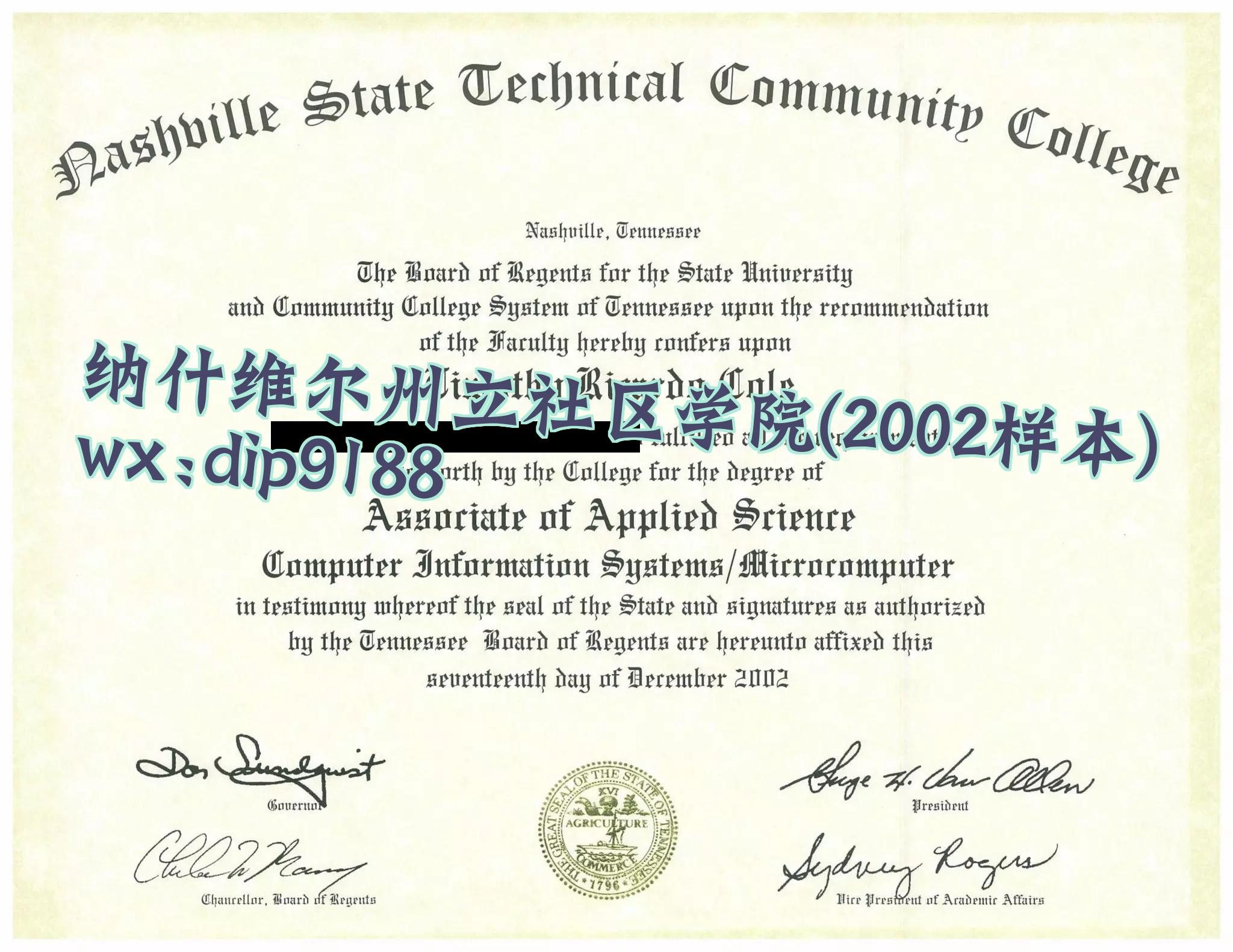 纳什维尔州立社区学院学历2002毕业证样本图