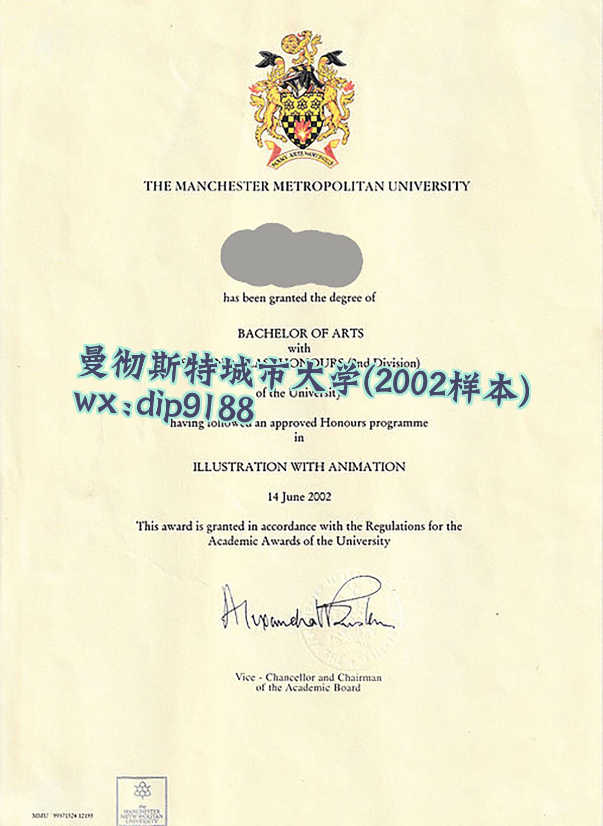 曼彻斯特城市大学学历2002毕业证样本图