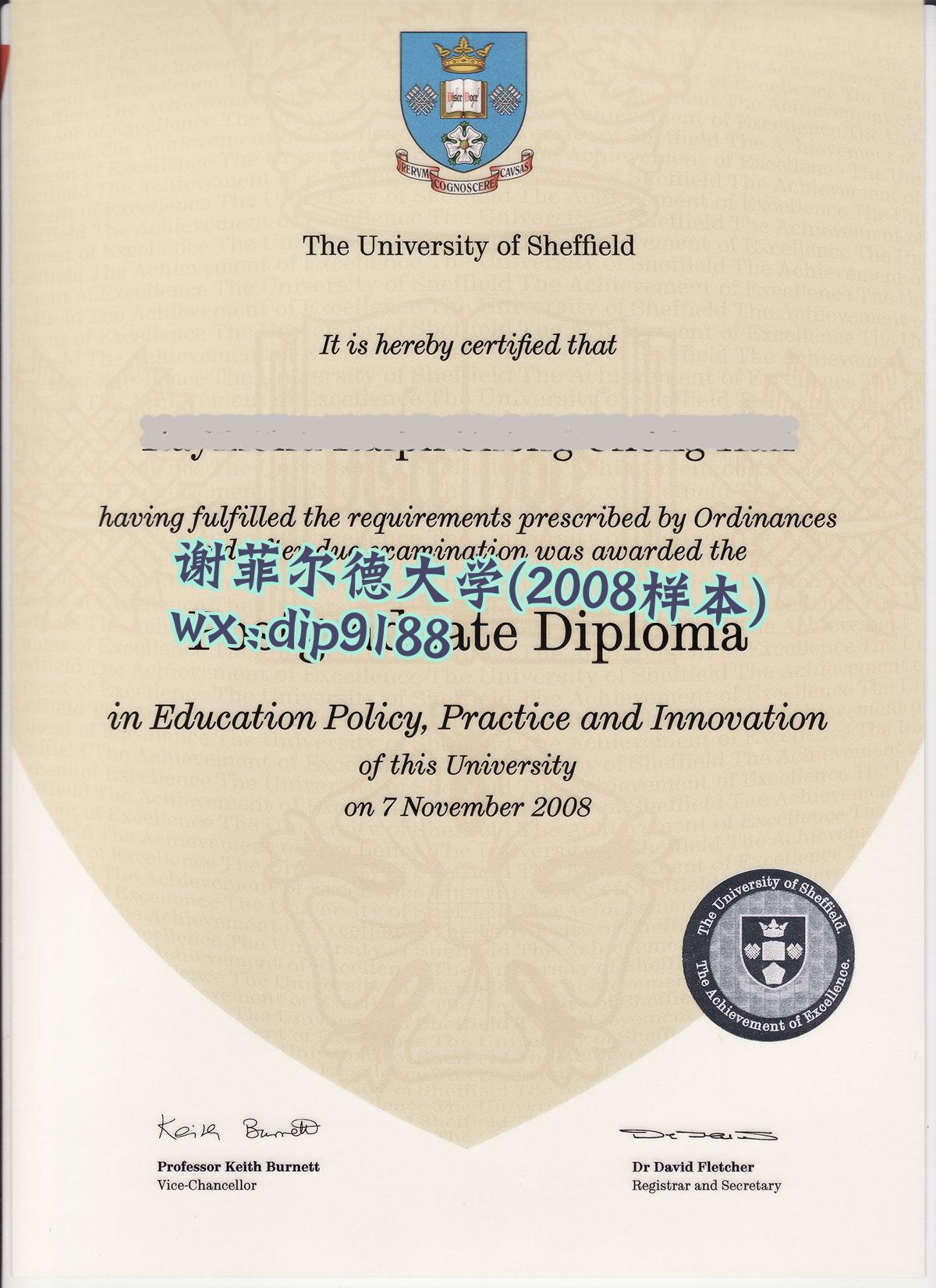 谢菲尔德大学学历2008毕业证样本图