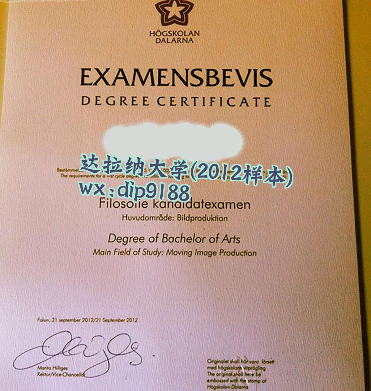 达拉纳大学学历2012毕业证样本图