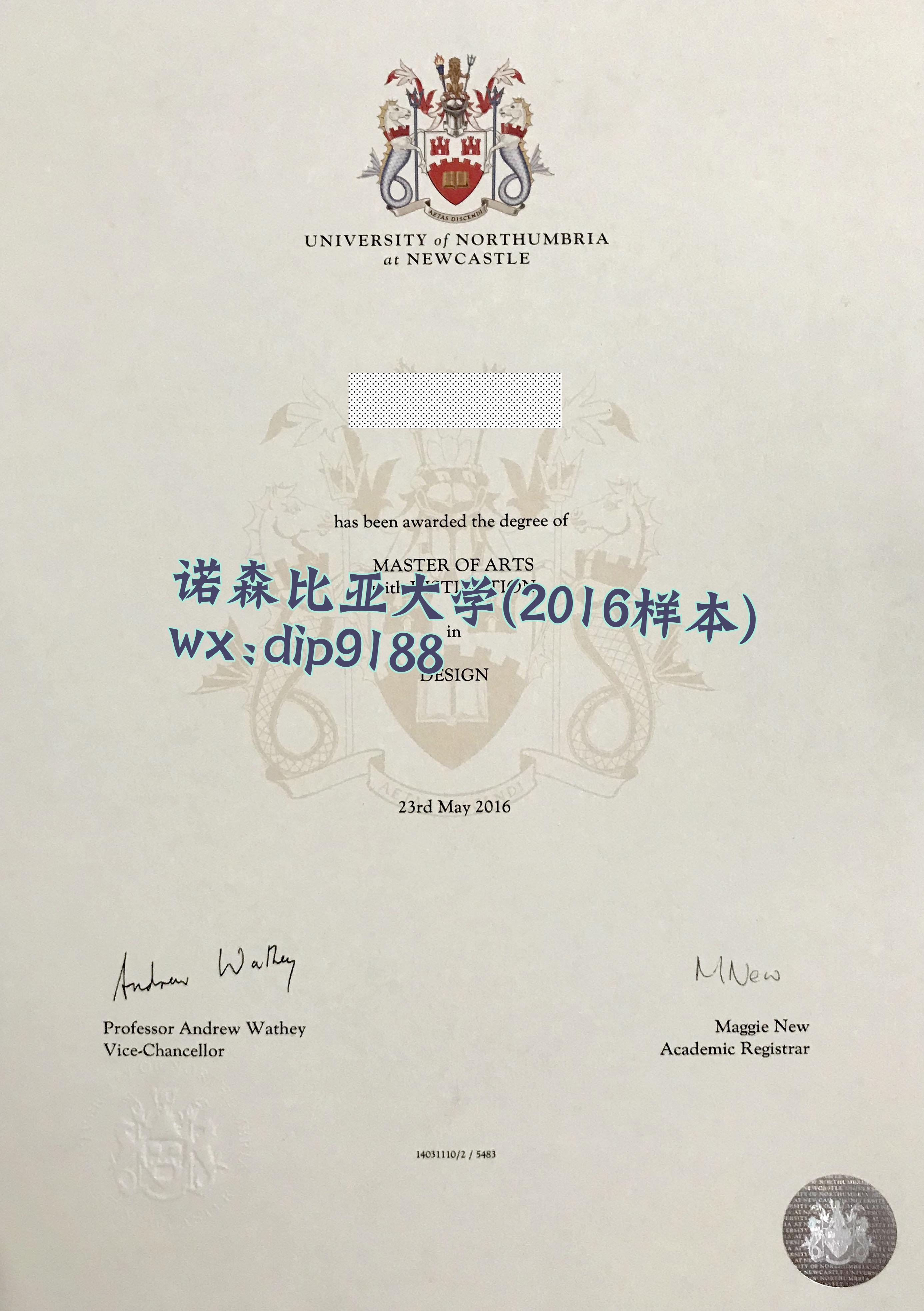 诺森比亚大学学历2016毕业证样本图
