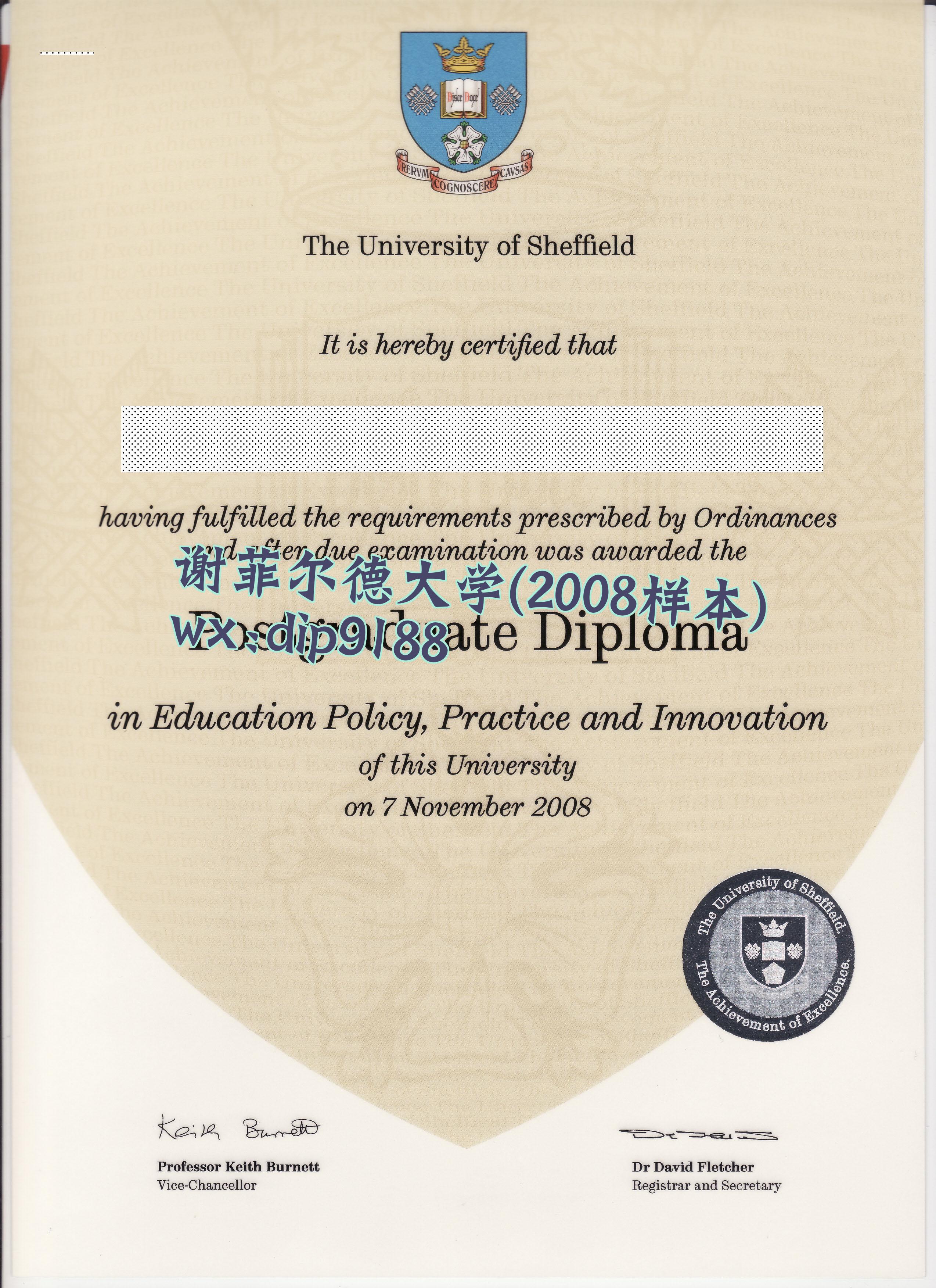谢菲尔德大学学历2008毕业证样本图