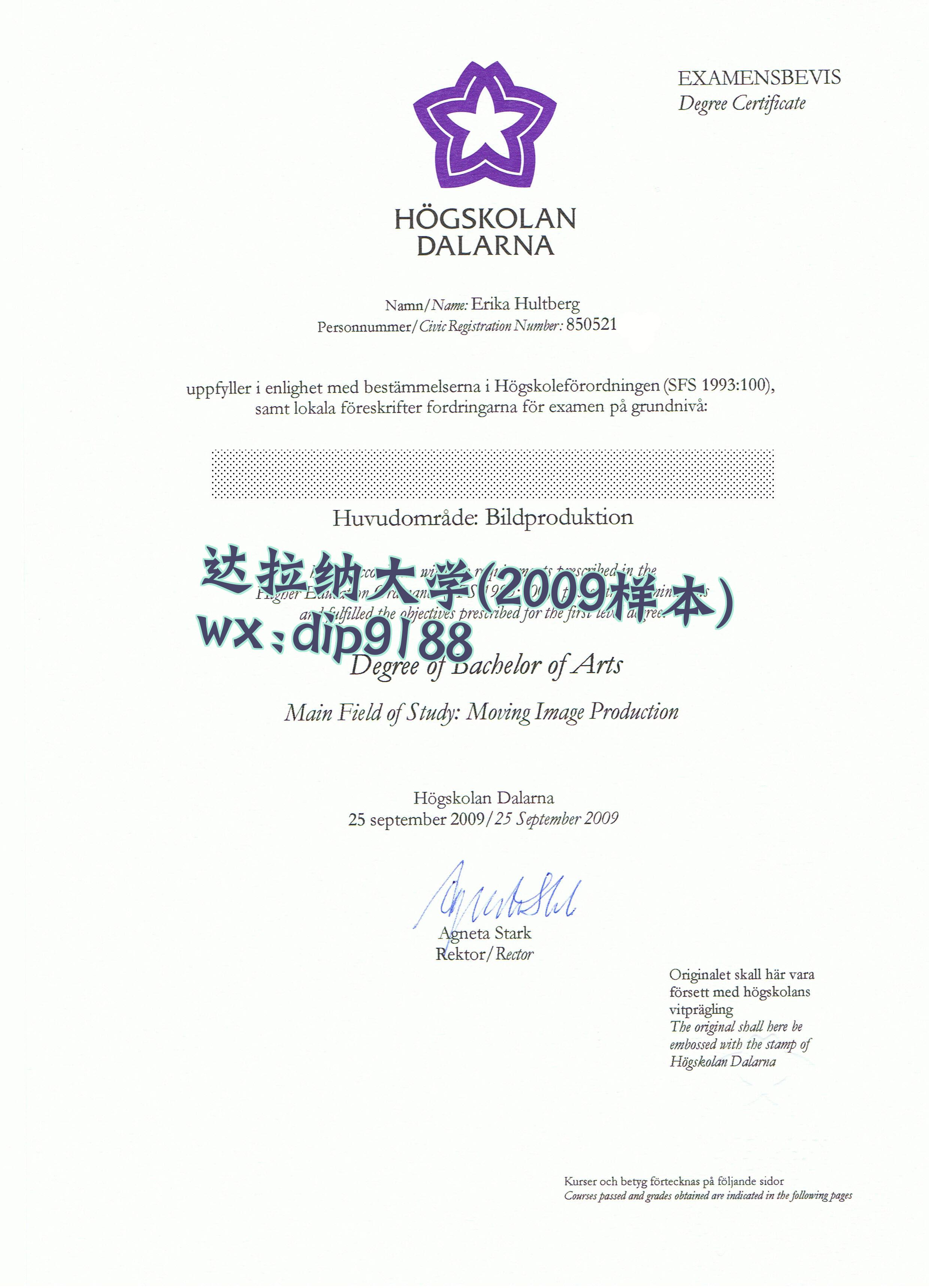 达拉纳大学学历2009毕业证样本图